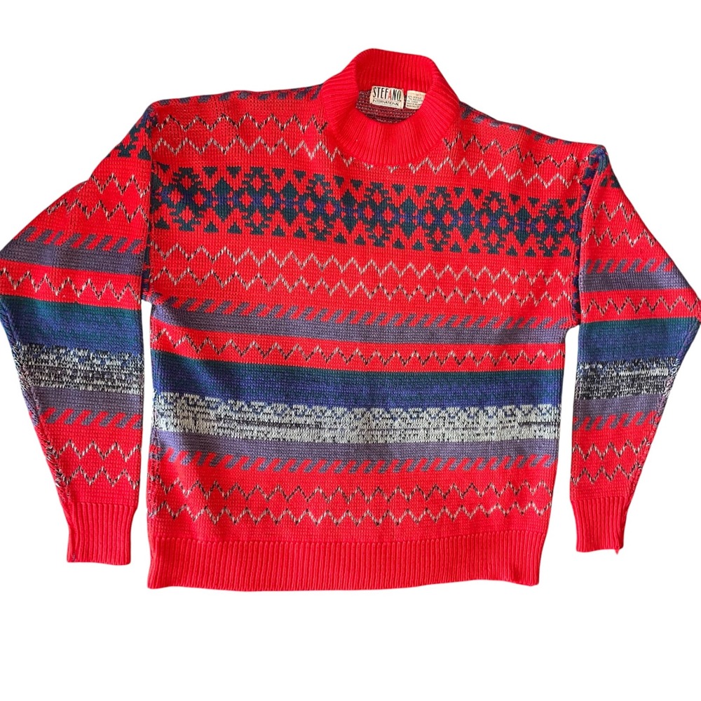 Stefano International Vintage Red Geometric Southwestern Mock Neck Sweater Small